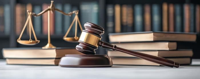 shot of a gavel with law books, scale